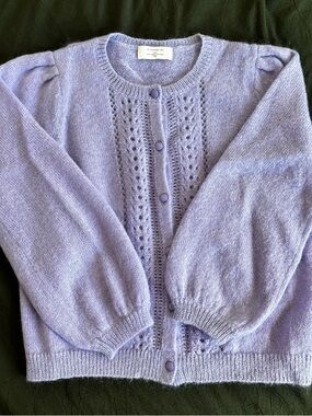 Sezane Lavender Égide Cardigan Puff-Sleeve Eyelet Knit Cardigan